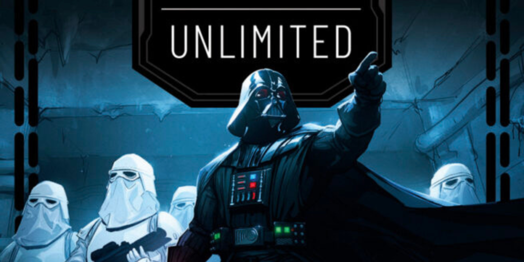 Darth Vader e Stormtroopers, illustrazione stile fumetto.